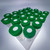 Tray of 50 mL centrifuge tubes with green SeptaSecure cap with uncut white silicone septum, aligned for efficient handling by robotic systems. These tubes are designed to ensure precise and contamination-free access, making them perfect for automated sample handling in laboratory environments. The tubes are clearly marked with graduations for accurate measurement, supporting both manual checks and automated processes.