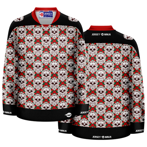 Jersey Ninja - Dia De Los Muertos Skulls & Roses Ugly Sweater Holiday Hockey Jersey - COMBINED