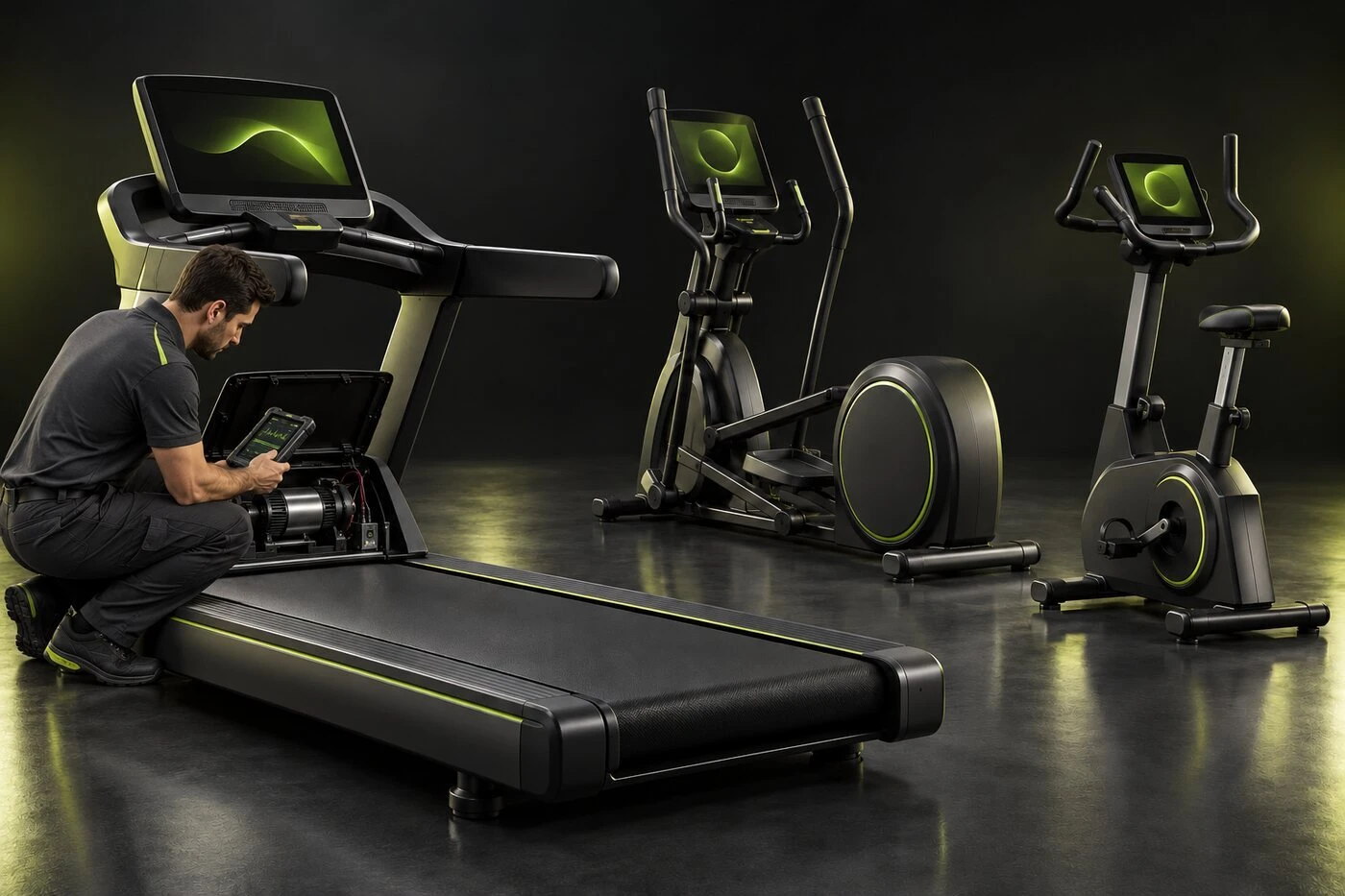 Technician diagnosing a commercial treadmill beside an elliptical and upright exercise bike