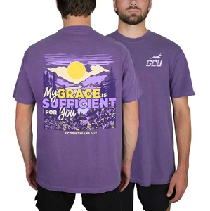 Comfort Colors Men's Purple 2 Corinthians 12:9 GCU Tee