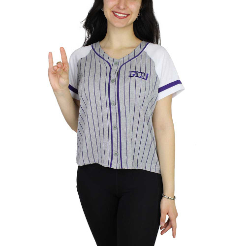 Colosseum Women's Gray and White GCU Baseball Jersey Tee