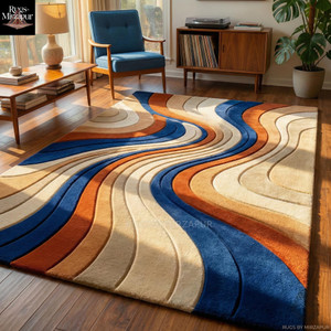 Burnt Orange Beige Blue Abstract Wave Hand Tufted Wool 6x9 Rugs, Modern Sculpted High Low Area Rug, Luxury Handmade 9x12 Rug for Living Room