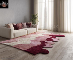 Irregular Blush Pink Deep Wine White Abstract Hand Tufted Wool Rugs for Living Room, Modern 6x9 8x10 9x12 Area Rugs for Bedroom, Custom Rugs