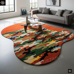 Hand Tufted Modern Irregular Terracotta Colorful Camouflage Wool 8x10 Area Rugs for Living Room, Handmade Amoeba Shape Contemporary 6x9 Rugs