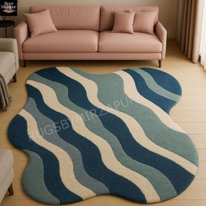 Colorful Blue Abstract Hand Tufted Wave Pattern with Organic White Lines Irregular Rugs for Living Room, Custom Size 6x9 8x10 9x12 Area Rugs