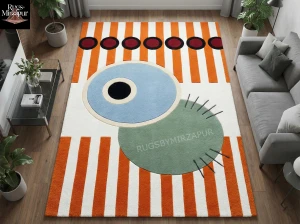 Abstract Orange Striped Geometric Hand Tufted Wool 8x10 Area Rugs for Living Room, Mid Century Modern Rug for Bedroom, Orange Area 5x7 Rugs