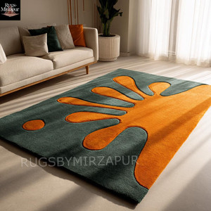 Deep Emerald Green and Orange Hand Tufted Wool 8x10 Area Rugs for Living Room, Modern Abstract 5x7 Rugs for Bedroom, Handmade 6x9 7x10 Rugs