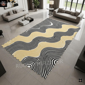 Hand Tufted Wool Area Rug – Black, Yellow, & Ivory Wavy Geometric Design