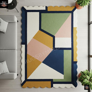 Modern Multicolor Geometric Hand Tufted Wool 9x12 Area Rug for Living Room, Mustard Navy Pink Abstract Scalloped Edge 6x9 Rugs for Kids Room