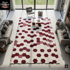 Deep Wine Ivory Hexagon Hand Tufted Wool 8x10 Area Rugs for Living Room