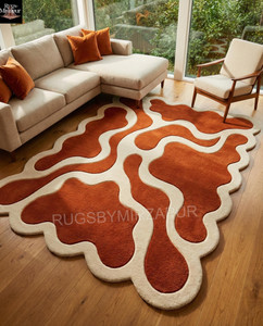 Modern Burnt Orange Ivory Scalloped Hand Tufted Wool 8x10 Area Rugs for Living Room, Handmade Abstract Amoeba Shape 3D 9x12 Rugs for Bedroom
