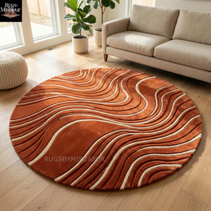 Modern Burnt Orange White Hand Tufted Wavy Round Wool 6x6 Rugs for Living Room, Abstract Wave Pattern Sculpted Custom Bedroom 7x7 8x8 Rugs
