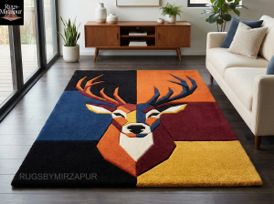 Hand Tufted Deer Wool Rug, Colorful Animal 8x10 Area Rug, Modern Statement 6x9 Rug for Living Room , Handmade Designer Carpet for Kids Room