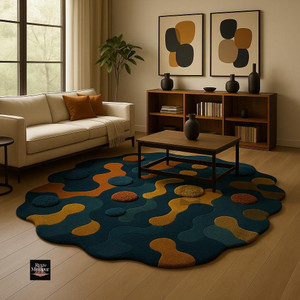Handmade Abstract Tufted Round Rug – Modern Art Carpet with 3D Poms