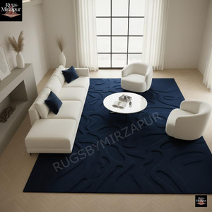 Hand Tufted Navy Blue Wool Rug, 3D Abstract Geometric Wave