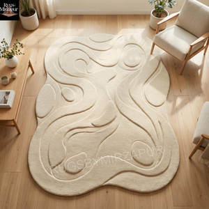 Modern Minimalist Ivory 3D Abstract Hand Tufted Wool 5x7 Area Rugs for Living Room, Neutral Sculpted 6x9 Carpet for Bedroom, Organic 5x8 Rug