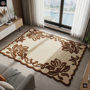 Hand Tufted Wool Area Rug, Scalloped Floral Design, Beige Brown