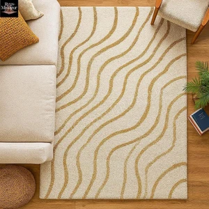 Modern Hand Tufted Off White with Yellow Wave Pattern 8x10 Area Rug for Living Room, Abstract Waves Handmade 4x6 5x7 5x8 6x9 Rug for Bedroom