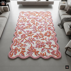 Abstract Burnt Orange Ivory Floral Hand Tufted Wool 8x10 Area Rugs for Living Room, Modern Contemporary 6x9 Rugs for Bedroom, Custom 7x8 Rug