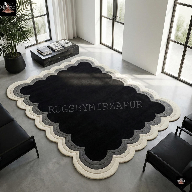 Abstract Gray Ivory Solid Black Scalloped Edge Hand Tufted Wool 5x7 Rugs for Living Room, Modern Wavy Design Custom 6x9 8x10 9x12 Area Rugs
