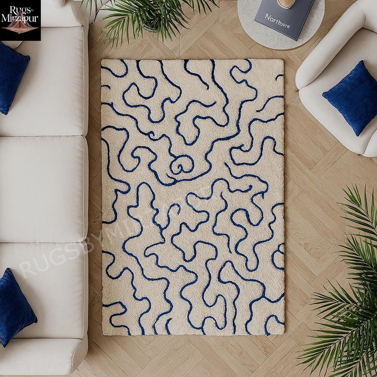 Modern Navy Blue Ivory Irregular Hand Tufted Blue 5x7 Wool Area Rug for Living Room, Abstract Blue Rug for Kids Room, Contemporary Rugs 8x10