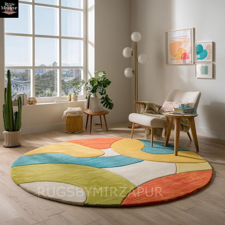Hand-Tufted Abstract Wool Round Rug, Modern Colorful Design
