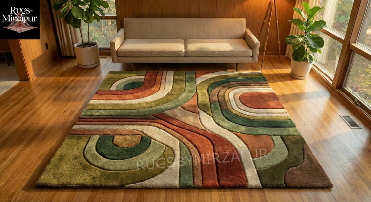 Colorful Retro Geometric Abstract Wool 8x10 Area Rugs, Handmade Tufted Boho Rugs for Living Room