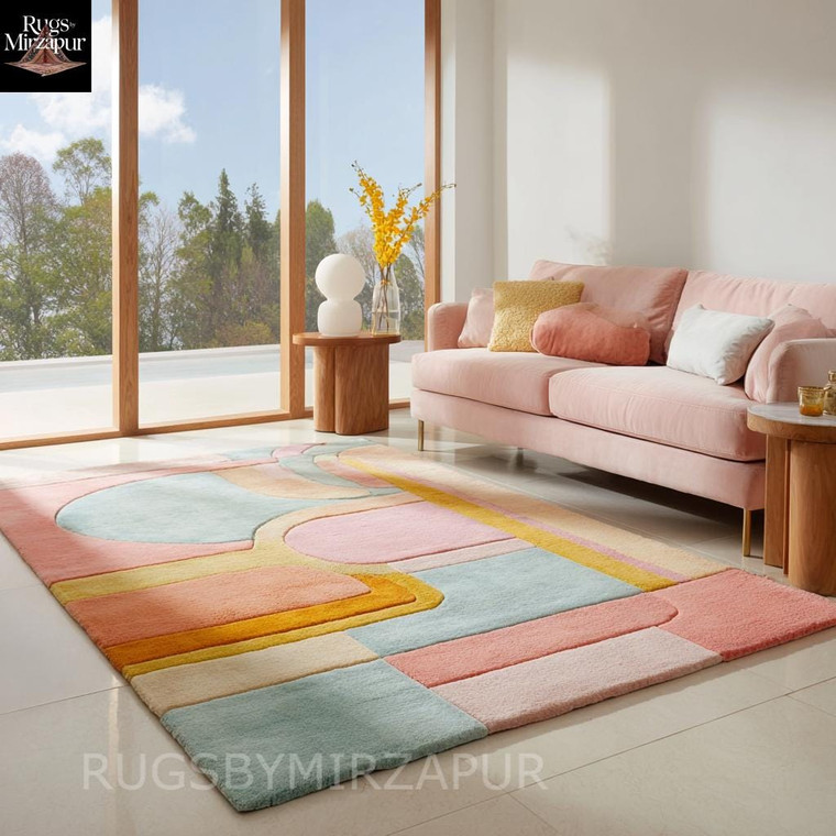 Colorful Hand Tufted Wool 8x10 Area Rugs for Kids Room, Modern Geometric Design 6x8 Rugs for Living Room, Multicolor 7x10 Rugs for Bedroom