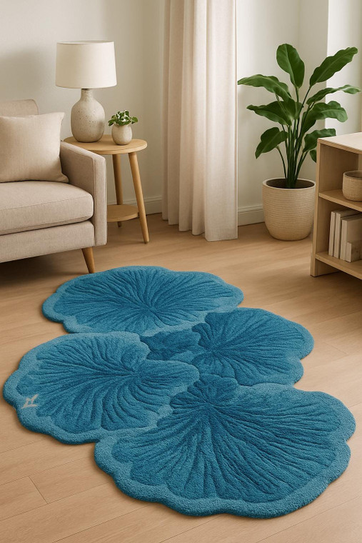 Botanical Flower Shaped Rug | Handmade Blue Petal Rug | Organic Modern Tufted Area Rug | Nature Inspired High-Low Sculptural Rug l Abstractl