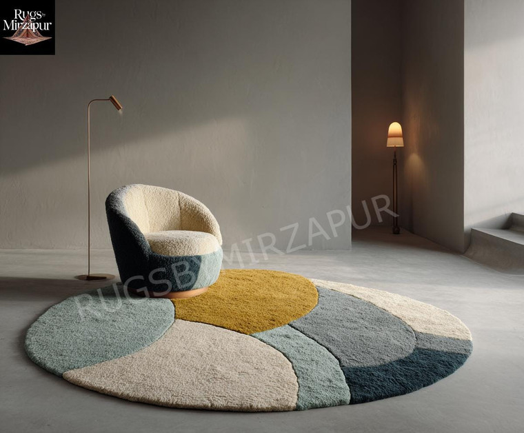 Modern Abstract Mustard, Teal and Ivory Hand Tufted Round Rugs for Living Room, 6x6 7x7 8x8 Circle Rugs For Nursery, Handmade Round 4x4 Rugs