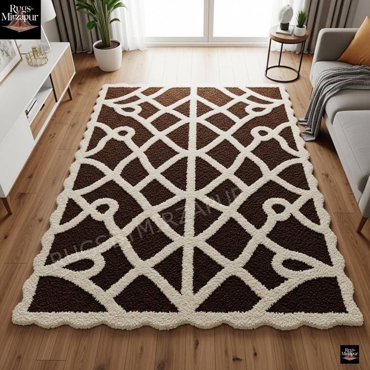 Modern Geometric Brown White Hand Tufted Abstract Area Rugs for Living Room, Scalloped 8x10 Area Rugs for Dining Room, Custom 5x8 6x9 Rugs