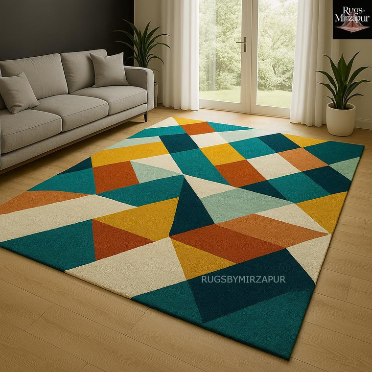 Modern Mustard Yellow Burnt Orange Hand Tufted Geometric Wool Rugs for Living Room, Handmade Block Design Custom Area Rugs, 8x10 10x14 Rugs
