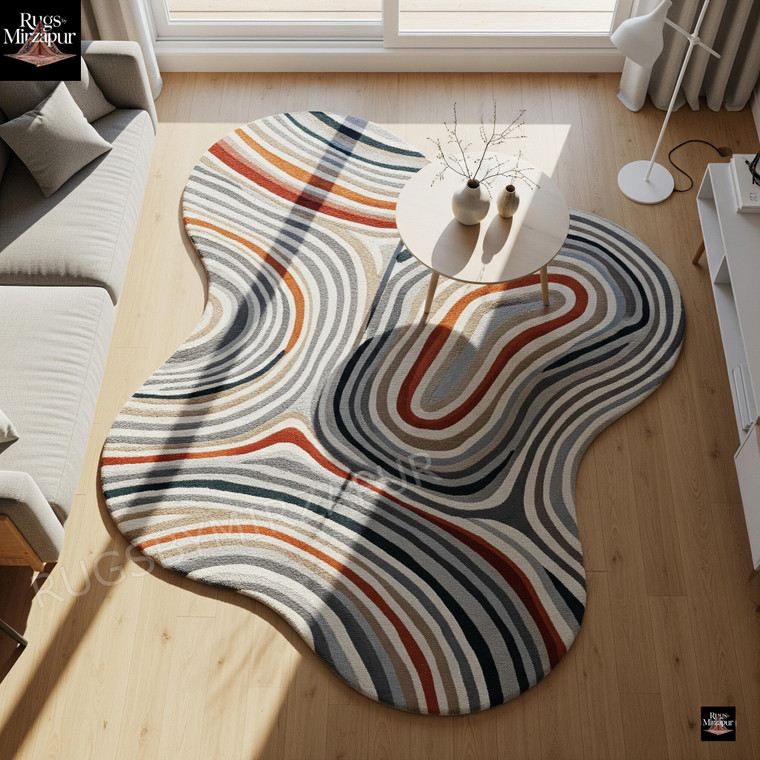 Hand Tufted Wavy Wool Area Rug, Multicolor Abstract Amoeba Shape