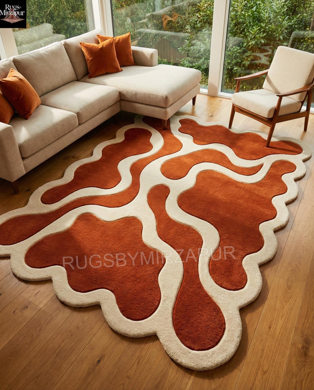 Modern Burnt Orange Ivory Scalloped Hand Tufted Wool 8x10 Area Rugs for Living Room, Handmade Abstract Amoeba Shape 3D 9x12 Rugs for Bedroom