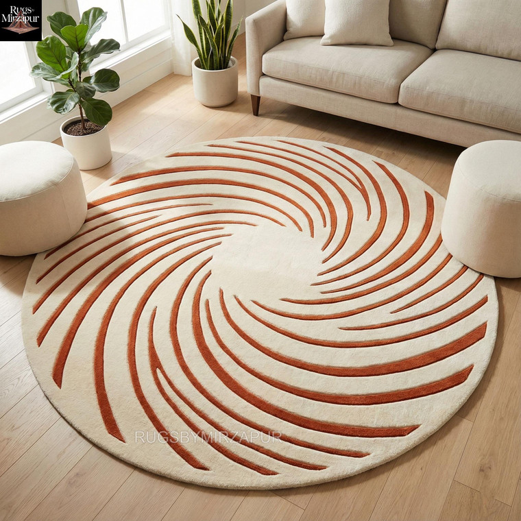 Modern Minimalist Burnt Orange White Spiral Design Hand Tufted Round Wool 6x6 Rugs for Living Room, Abstract Custom Circular Bedroom 7x7 Rug