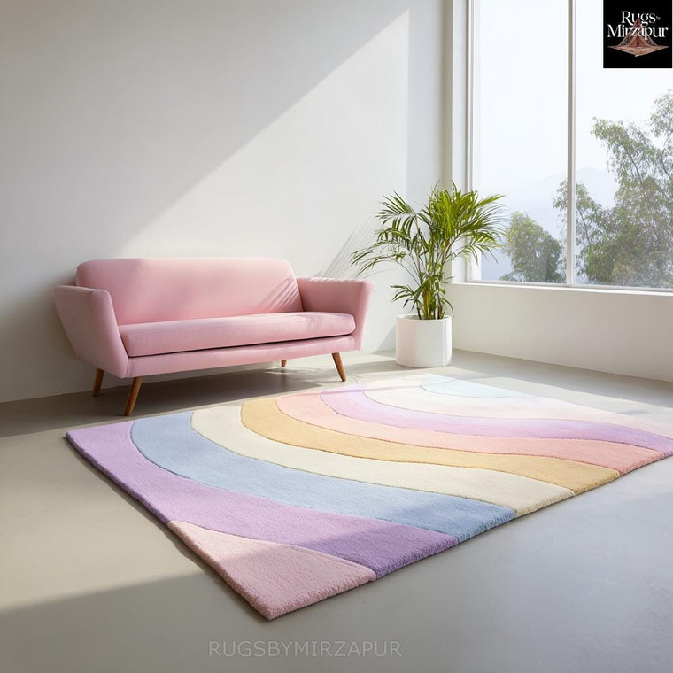 Modern Abstract Rainbow Design Hand Tufted Wool 8x10 Area Rug for Living Room, Handmade Colorful Wave Pattern 5x8 6x9 Rugs, Custom 9x12 Rugs
