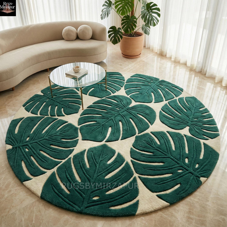 Modern Beige Green Abstract Botanical Hand Tufted Round Wool Area 6x6 Rug for Living Room, Monstera Green Leaf 3D Carved 8x8 Rug for Bedroom