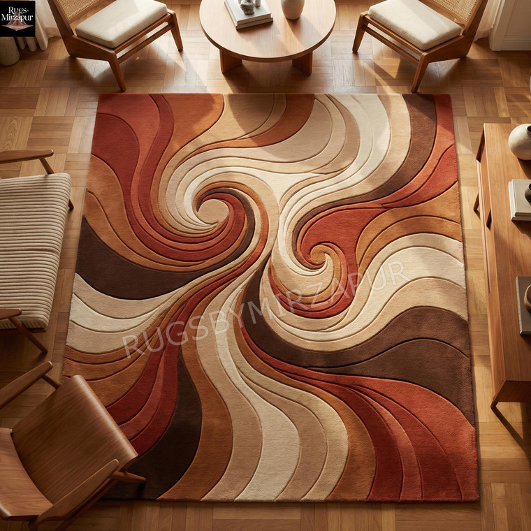 Modern Brown Beige Abstract Wave Hand Tufted Wool 6x9 Rugs, Sculpted High Low Area Rug, Luxury Handmade 9x12 Rug for Living Room, Custom Rug
