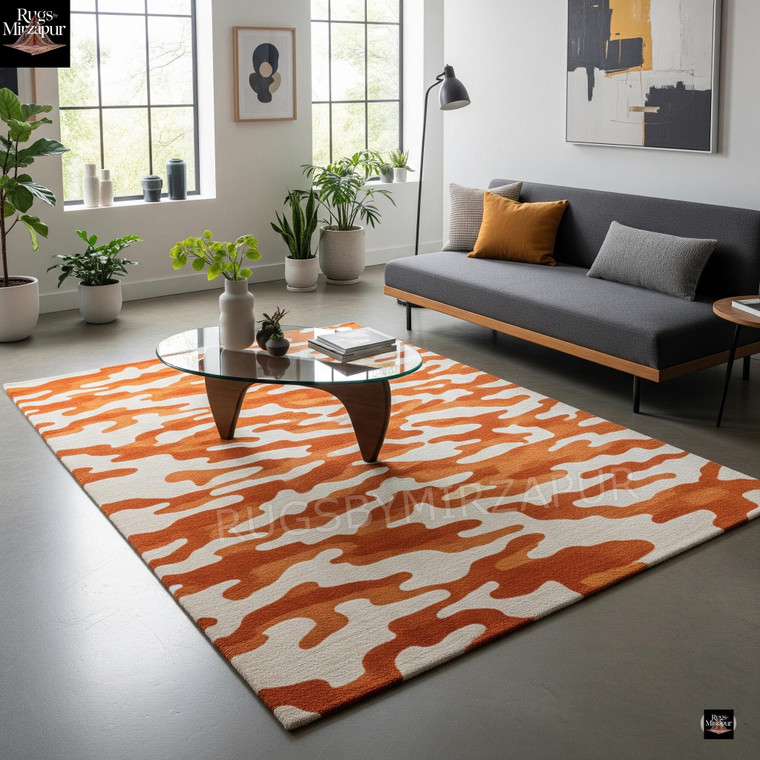 Modern Burnt Orange Off White Geometric Hand Tufted Wool 4x6 Area Rug for Living Room, Handmade Contemporary Unique Area Rugs 6x9, 9x12 Rugs