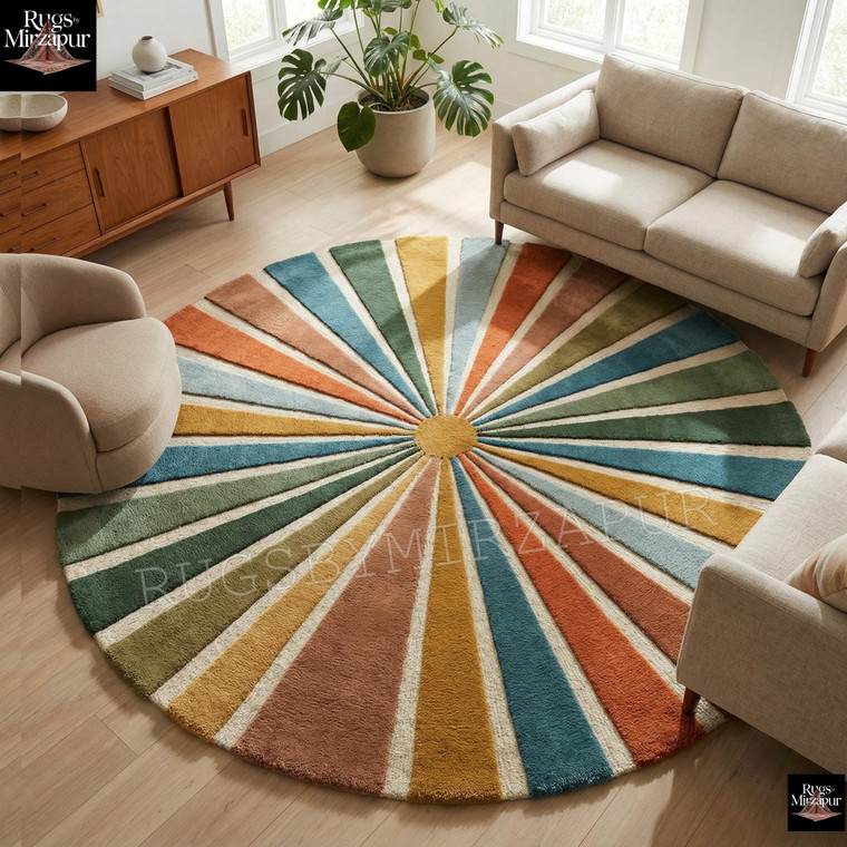 Modern Retro Colorful Circular Striped Hand Tufted Wool 6x6 Rugs for Living Room, Round Sunburst Mid-Century Round Carpet, Custom Round Rugs