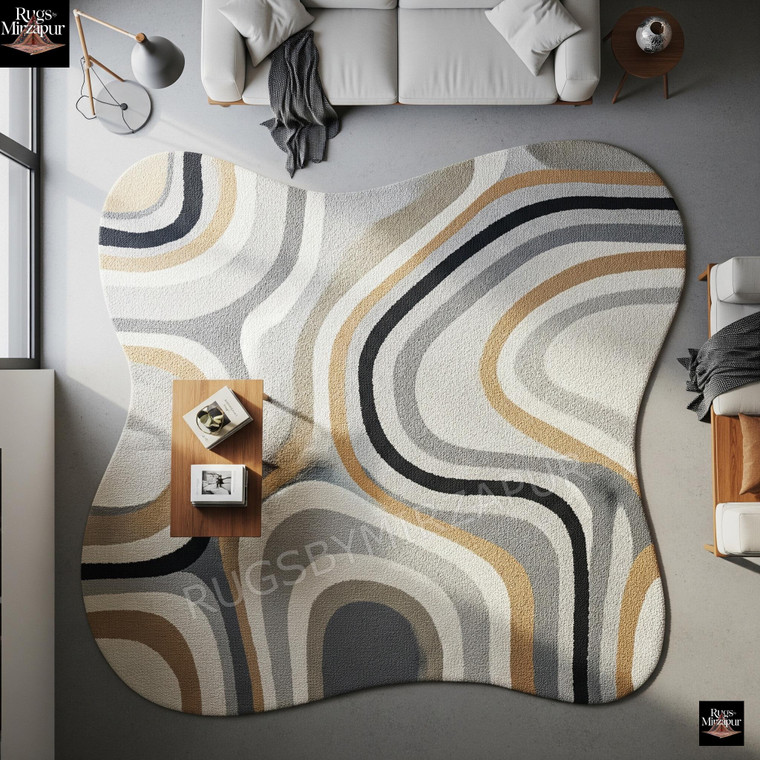 Hand Tufted Irregular Beige Ivory Colorful Wave Pattern Wool 5x7 Area Rug for Living Room, Handmade Organic Amoeba Wavy 6x9 Rug for Bedroom