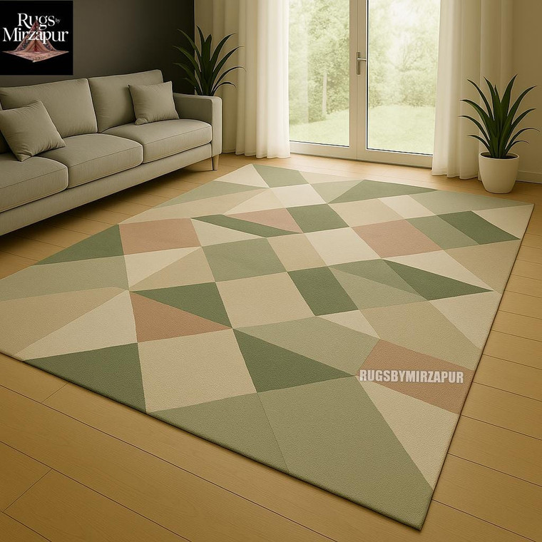 Modern Off White Sage Green Colorful Abstract hand Tufted Wool 7x10 Rugs for Living Room, Minimalist 6x9 Rugs for Bedroom, Contemporary Rugs