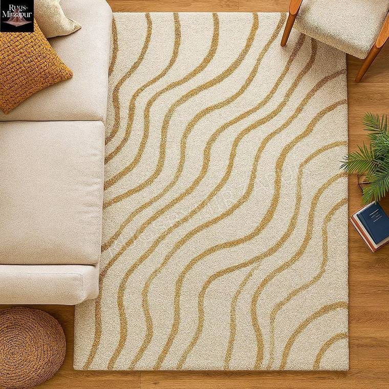 Modern Hand Tufted Off White with Yellow Wave Pattern 8x10 Area Rug for Living Room, Abstract Waves Handmade 4x6 5x7 5x8 6x9 Rug for Bedroom