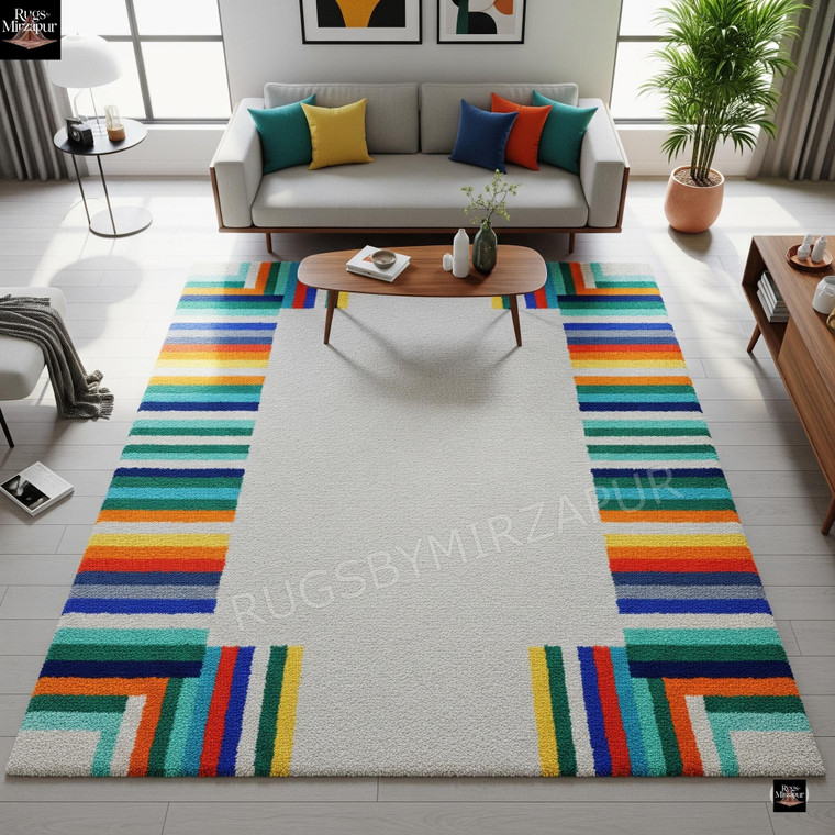 Hand Tufted Ivory Area Rug, Rainbow Striped Border, Modern Playful Rug