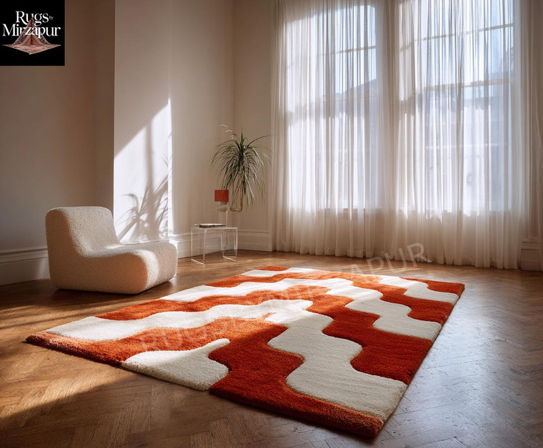 Hand Tufted Wool Area Rug, Burnt Orange and Cream Wavy Design