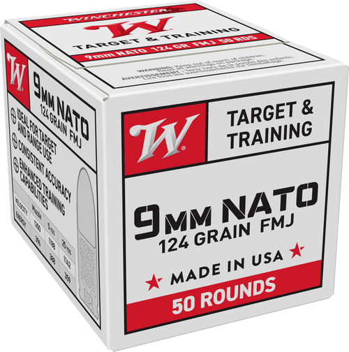 Winchester W9NATO50 9mm NATO 124gr FMJ Ammo - 50 Round Box