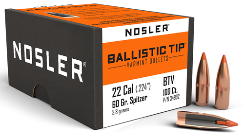 Nosler Ballistic Tip 22 Cal 60gr Spitzer Bullets - 100 Count Box