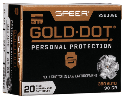 Speer Gold Dot 380 ACP 90gr JHP Personal Protection Ammo 20rd