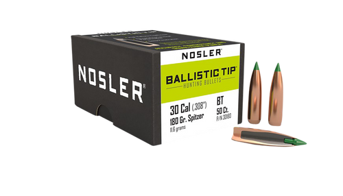 Nosler Ballistic Tip 30 Cal 180gr Spitzer Bullets 50/Box 30180