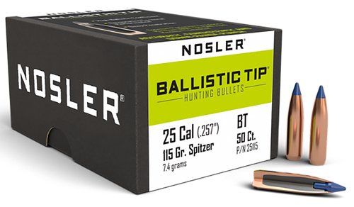 Nosler 25115 Ballistic Tip 25 Cal 115gr Spitzer Point Bullets 50/Box